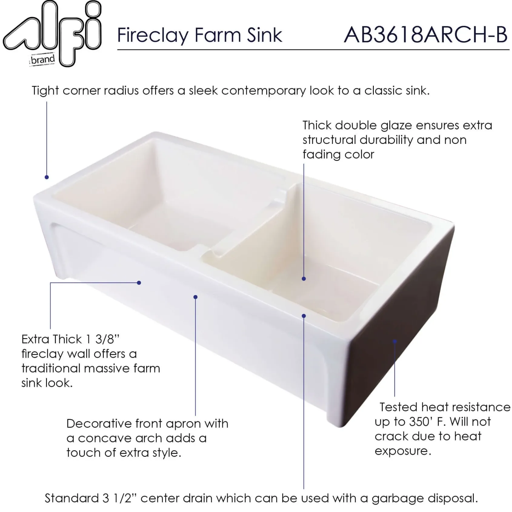 ALFI 36" Arched Double Bowl Thick Wall Fireclay Farmhouse Sink, Biscuit, AB3618ARCH-B
