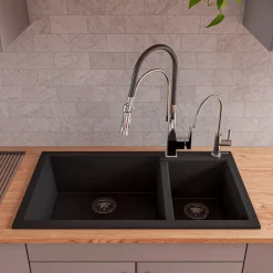 ALFI Black 34" Double Bowl Drop In Granite Composite Kitchen Sink, AB3319DI-BLA