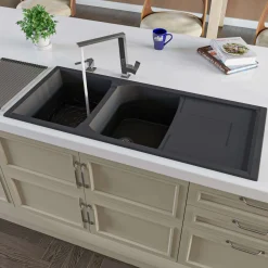 ALFI Black 46" Double Bowl Granite Composite Kitchen Sink with Drainboard, AB4620DI-BLA