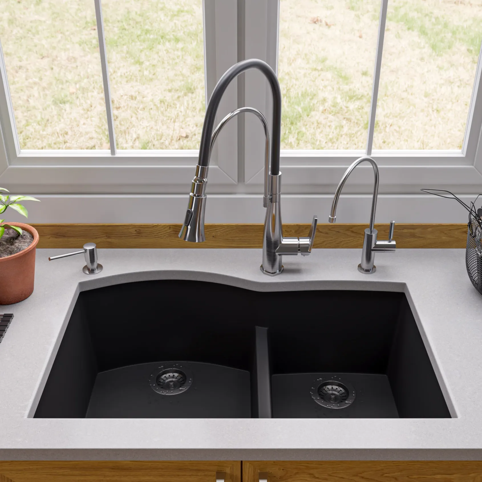 ALFI Black 33" Double Bowl Undermount Granite Composite Kitchen Sink, AB3320UM-BLA