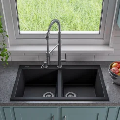 ALFI Black 34" Drop-In Double Bowl Granite Composite Kitchen Sink, AB3420DI-BLA