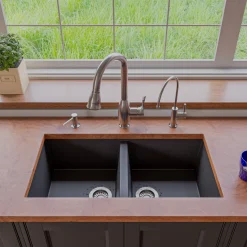 ALFI Black 34" Undermount Double Bowl Granite Composite Kitchen Sink, AB3420UM-BLA