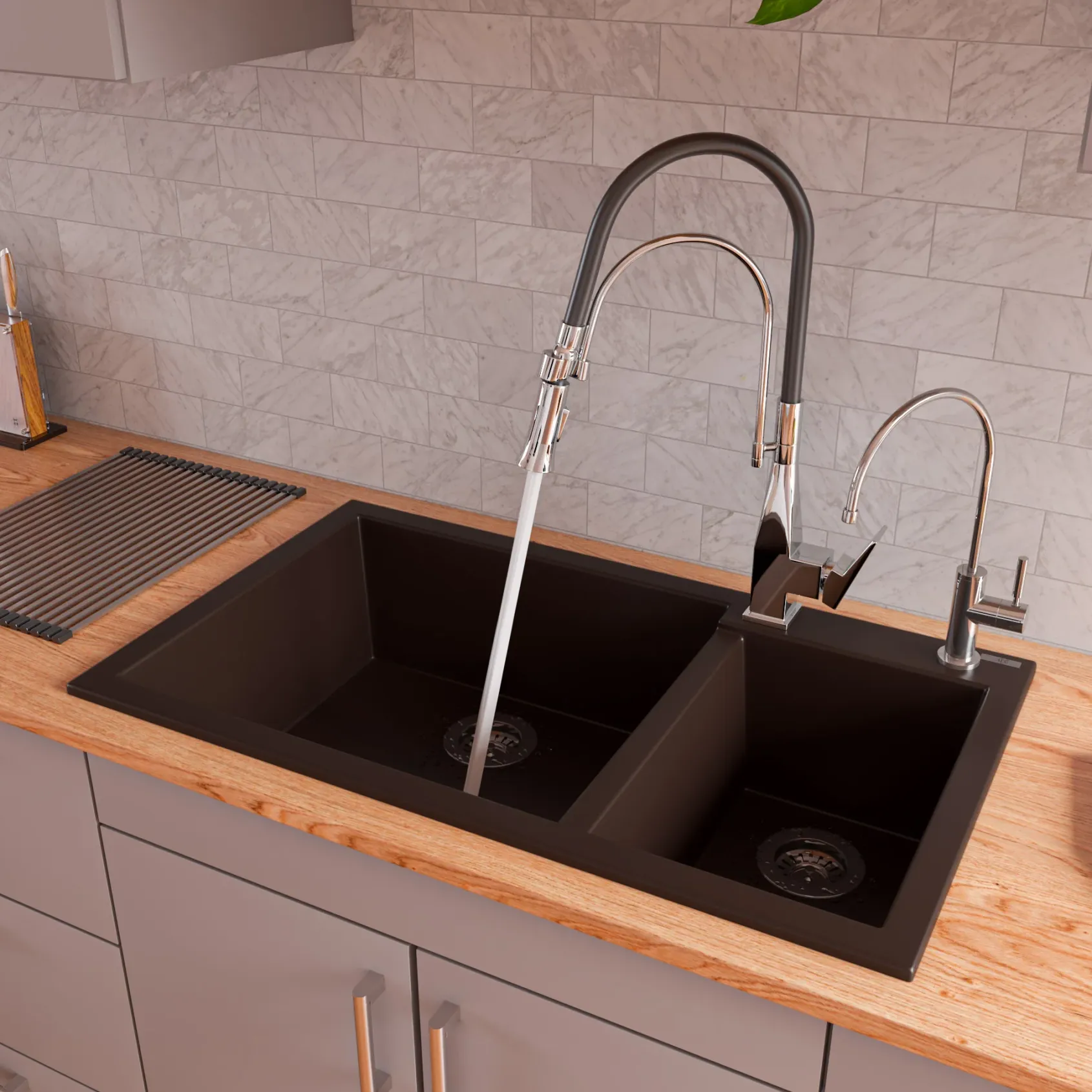 ALFI brand AB3319DI-C Chocolate 34" Double Bowl Drop In Granite Composite Kitchen Sink