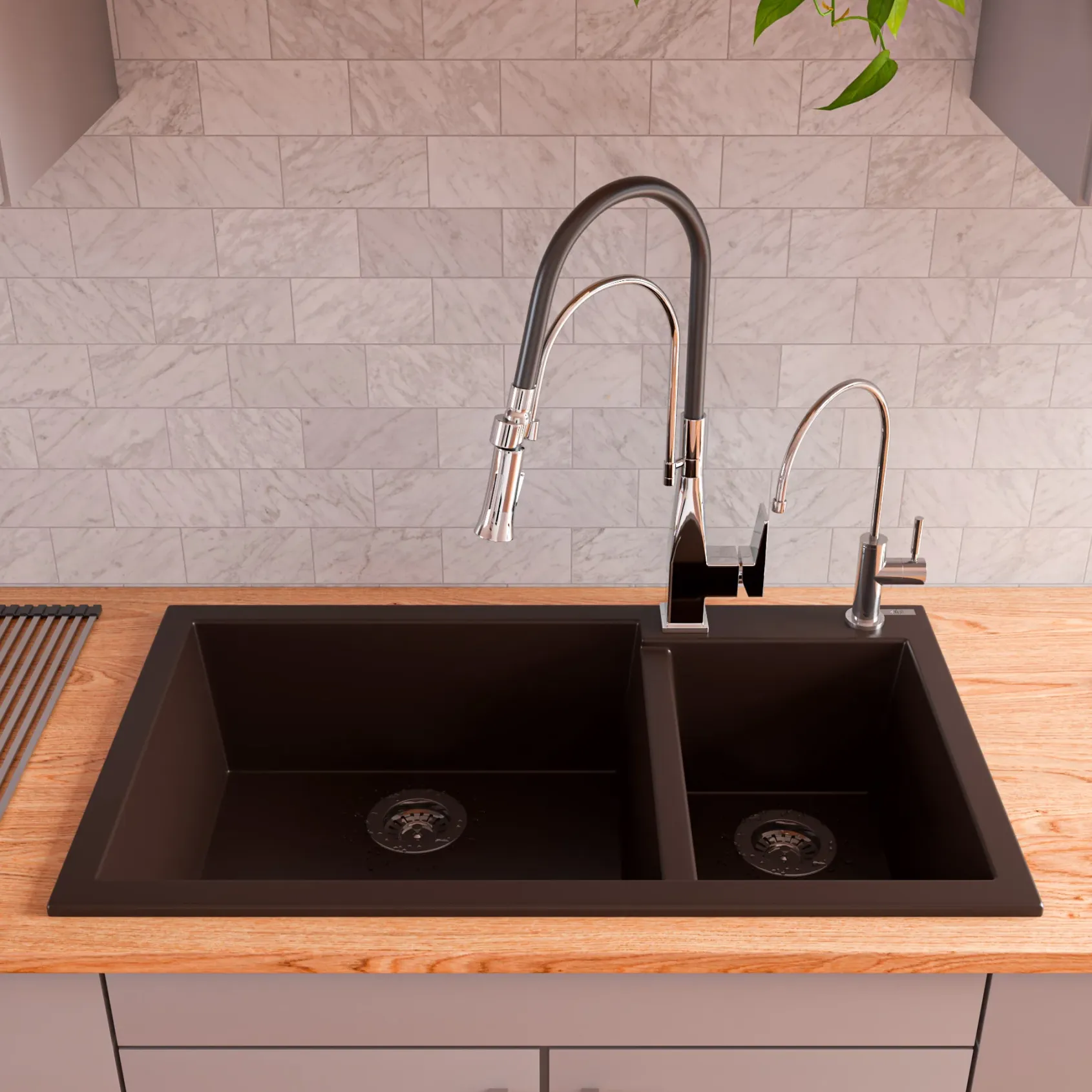 ALFI brand AB3319DI-C Chocolate 34" Double Bowl Drop In Granite Composite Kitchen Sink