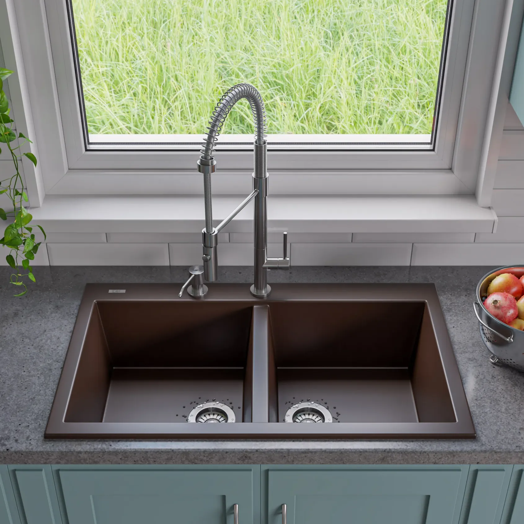 ALFI brand AB3420DI-C Chocolate 34" Drop-In Double Bowl Granite Composite Kitchen Sink
