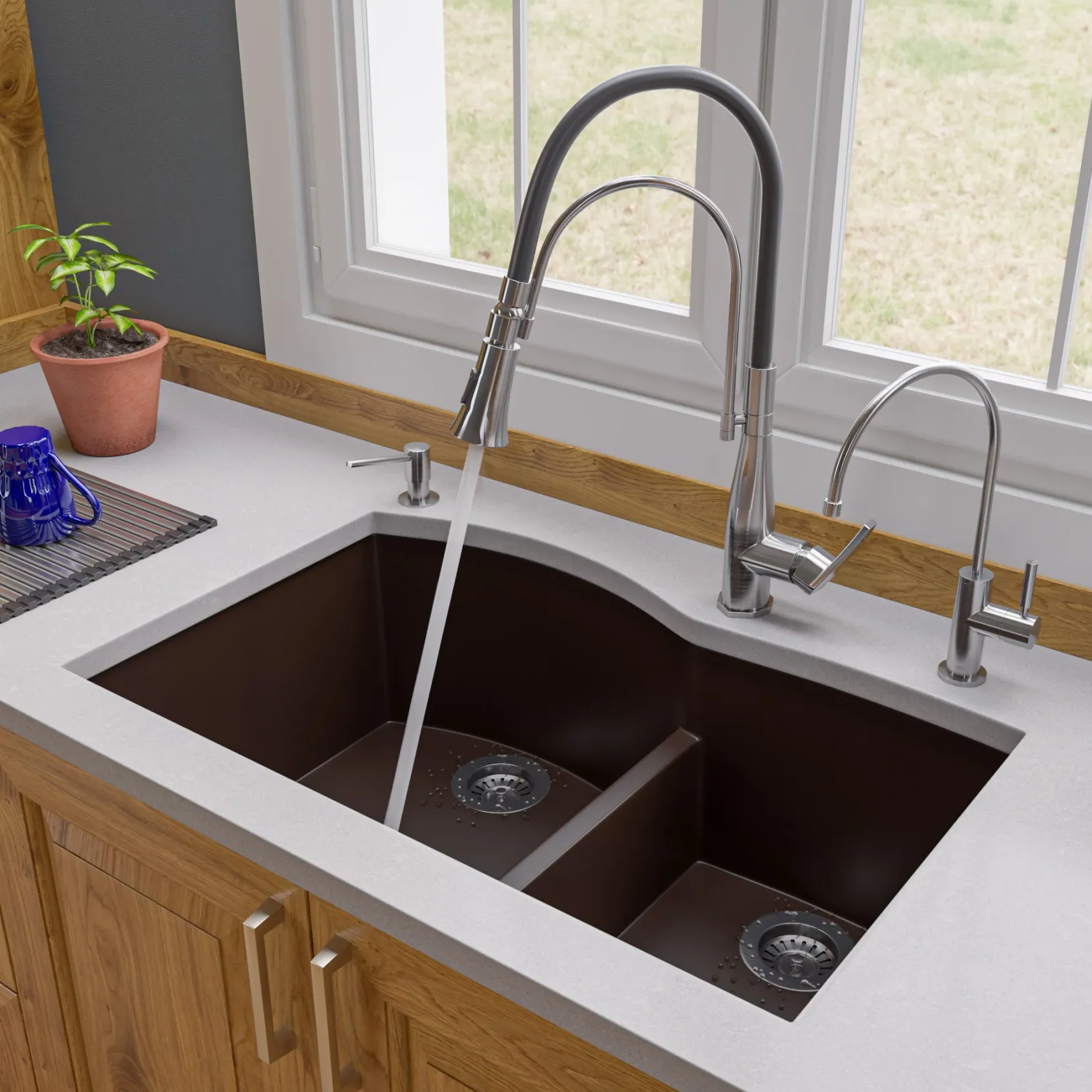 ALFI brand AB3320UM-C Chocolate 33" Double Bowl Undermount Granite Composite Kitchen Sink
