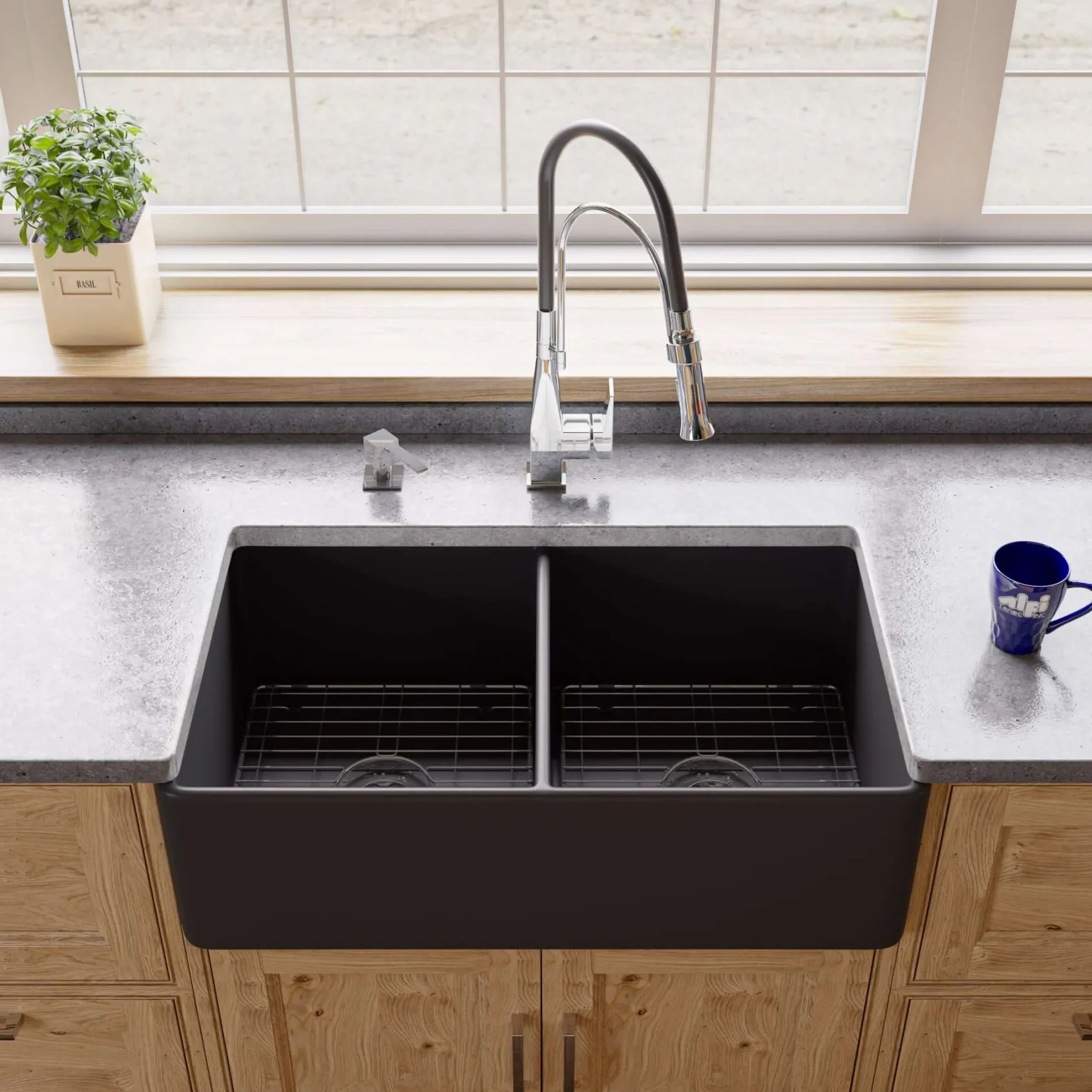 ALFI brand 33" Fireclay Farmhouse Sink, 50/50 Double Bowl, Black Matte, No Faucet Hole, ABF3318D-BM
