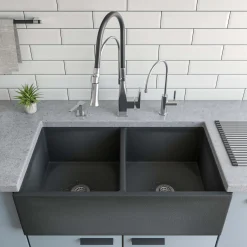ALFI brand 33" Fireclay Farmhouse Sink, 50/50 Double Bowl, Concrete, ABCO3318DB