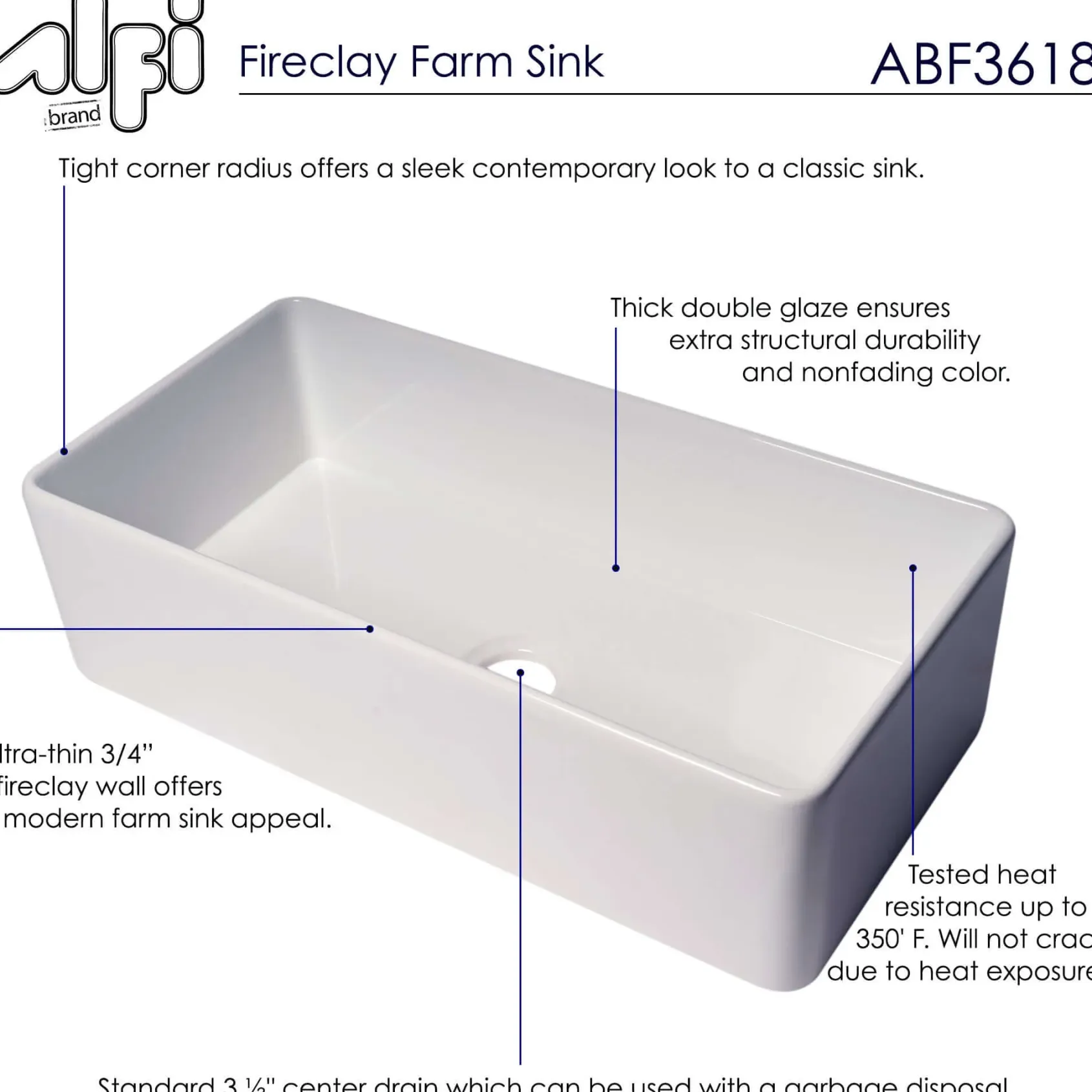 ALFI brand 36" Fireclay Farmhouse Sink, White, ABF3618-W