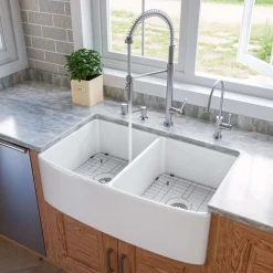 ALFI brand 33" Fireclay Farmhouse Sink with Accessories, 50/50 Double Bowl, White, ABFC3320D-W