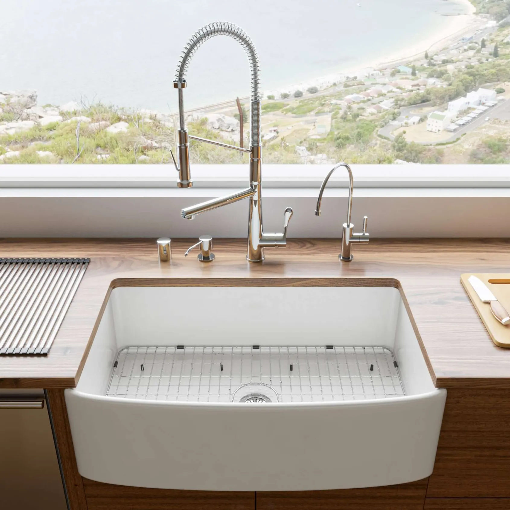 ALFI brand 33" Fireclay Farmhouse Sink with Accessories, White, ABFC3320S-W
