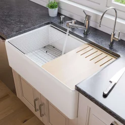 ALFI brand 33" Fireclay Workstation Farmhouse Sink with Accessories, White, ABFS3320S-W