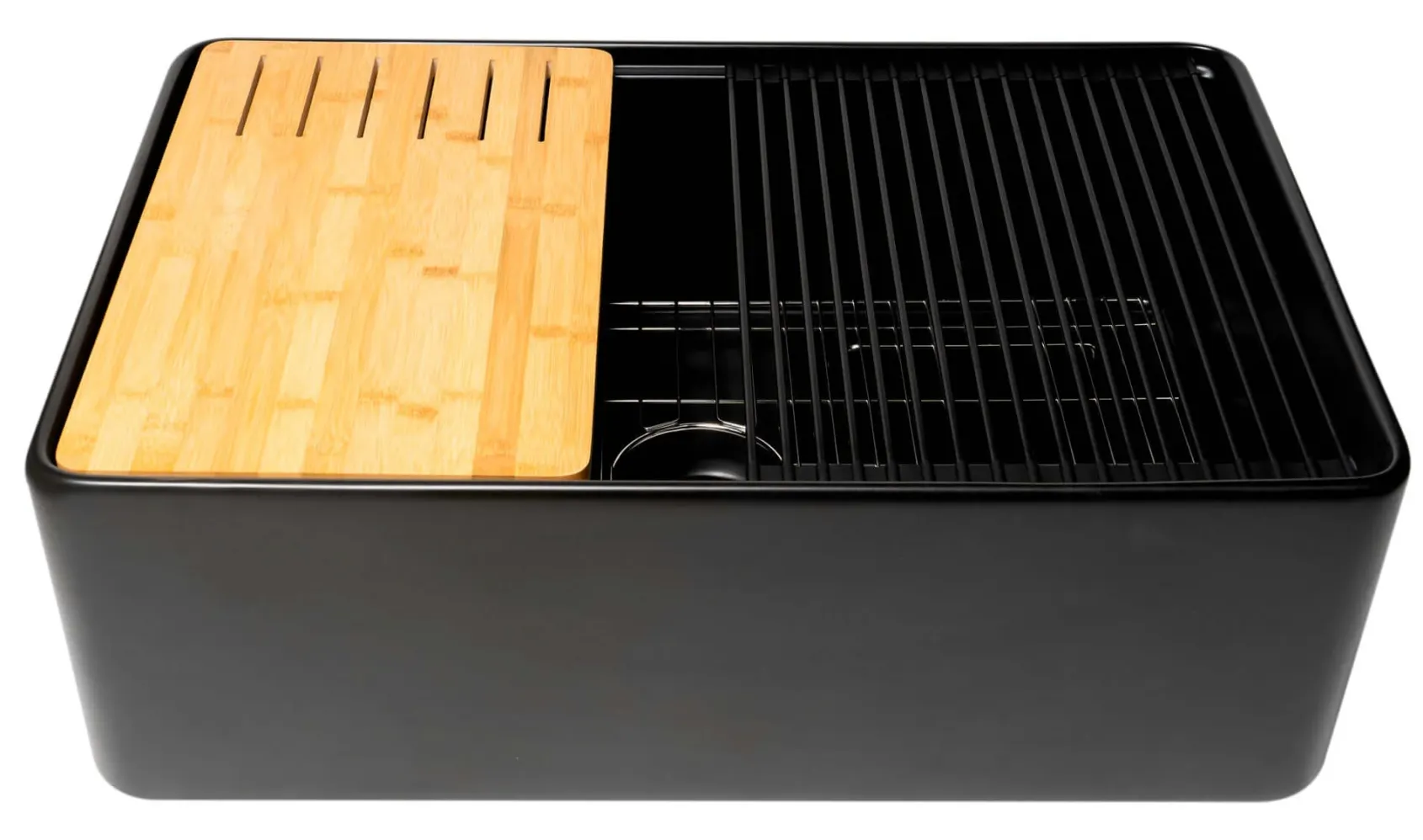 ALFI brand 30" Fireclay Workstation Farmhouse Step Rim Sink with Accessories, Black Matte, No Faucet Hole, ABFS3020-BM