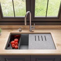 ALFI brand 34" Under Mount Granite Composite Workstation Kitchen Sink with Accessories, Titanium, No Faucet Hole, AB3418SBUM-T
