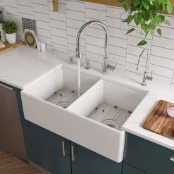 ALFI 32" Double Bowl Fireclay Farmhouse Apron Sink, White, AB538-W
