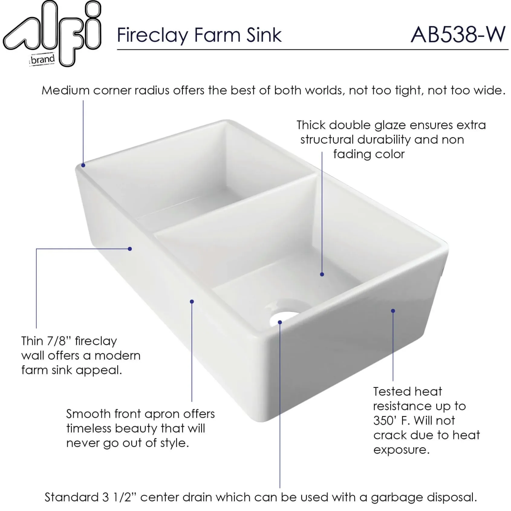 ALFI 32" Double Bowl Fireclay Farmhouse Apron Sink, White, AB538-W
