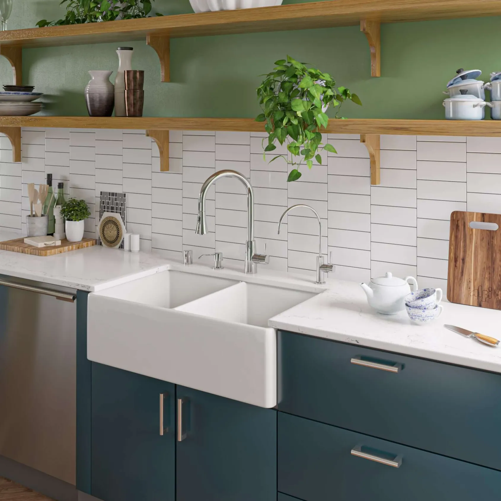 ALFI 32" Double Bowl Fireclay Farmhouse Apron Sink, White, AB538-W