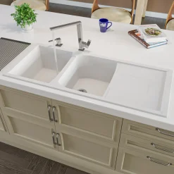 ALFI 46" Double Bowl Granite Composite Kitchen Sink with Drainboard, White, AB4620DI-W