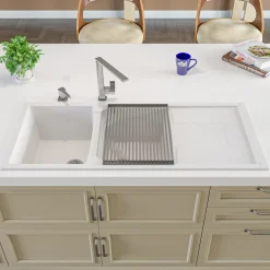 ALFI 46" Double Bowl Granite Composite Kitchen Sink with Drainboard, White, AB4620DI-W