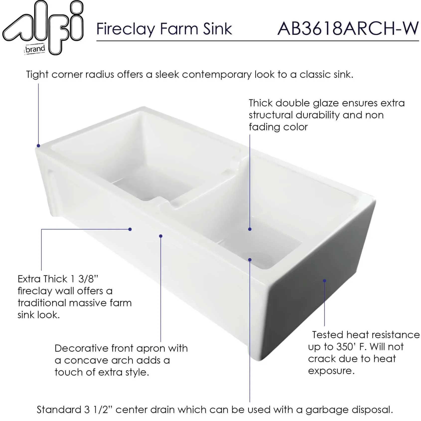 ALFI 36" Double Bowl Thick Wall Fireclay Farmhouse Apron Sink, White, AB3618ARCH-W