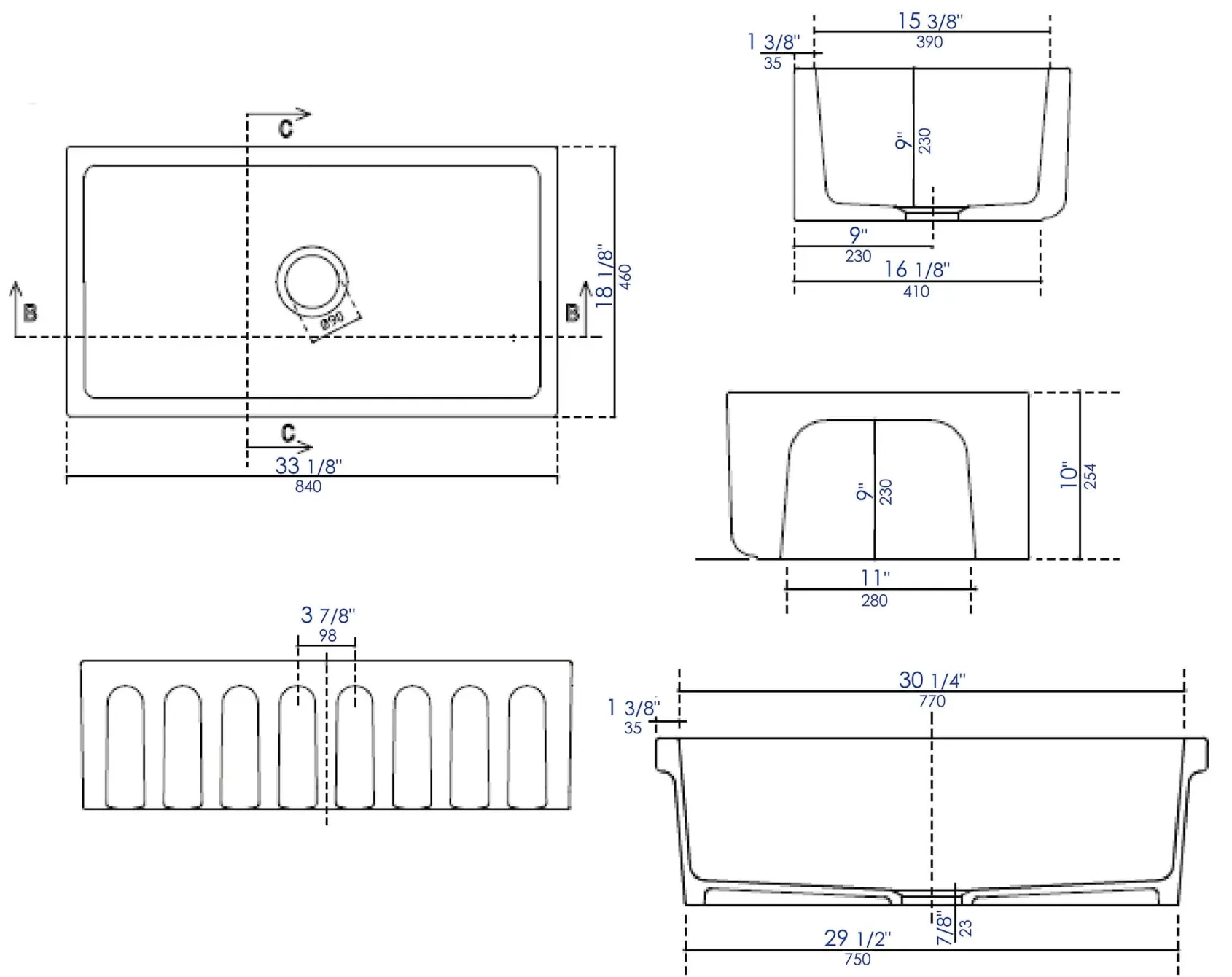 ALFI 33" Fireclay Farmhouse Kitchen Sink, Single Bowl, Reversible, Black Matte, AB3318HS-BM