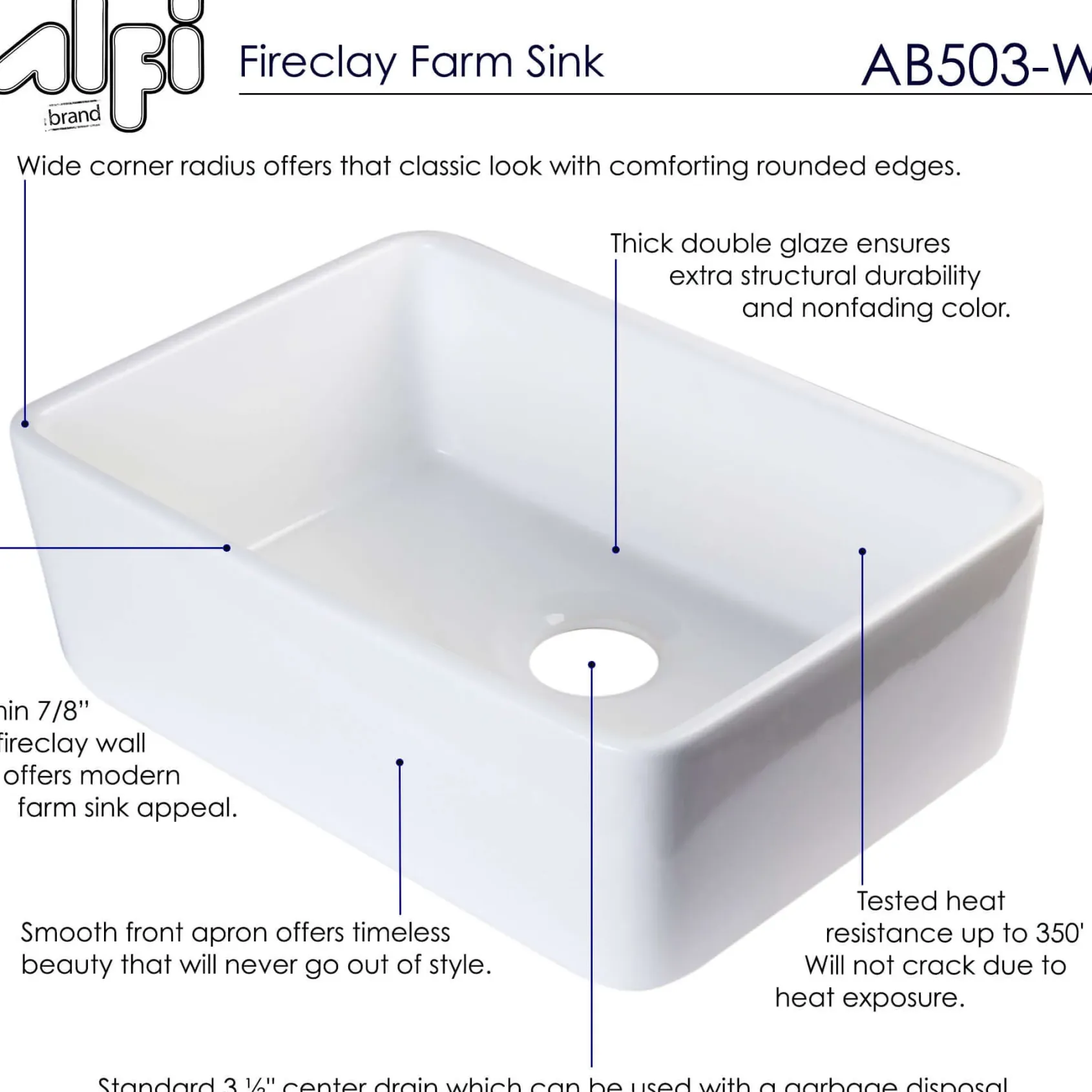 ALFI 23" Fireclay Smooth Apron Single Bowl Farmhouse Apron Sink, White, AB503-W