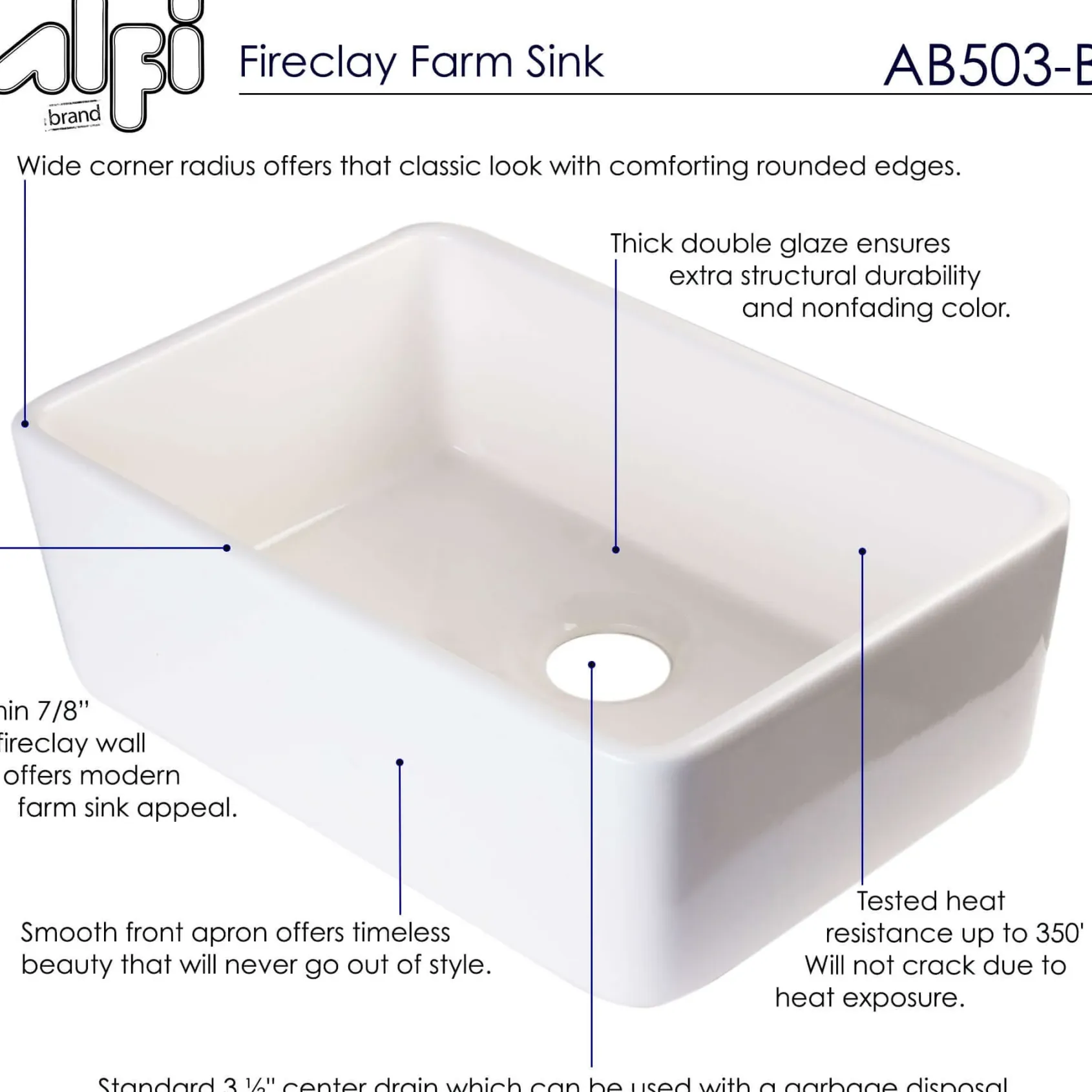 ALFI 23" Fireclay Smooth Apron Single Bowl Farmhouse Apron Sink, Biscuit AB503-B