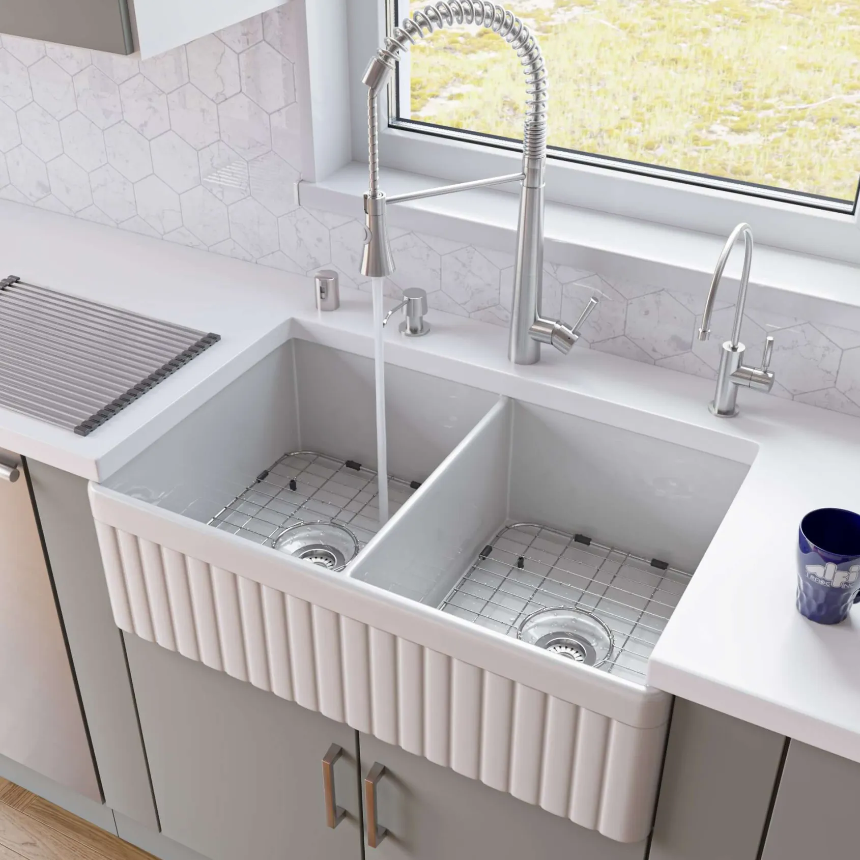 ALFI 32" Fluted Double Bowl Fireclay Farmhouse Apron Sink, White, AB537-W