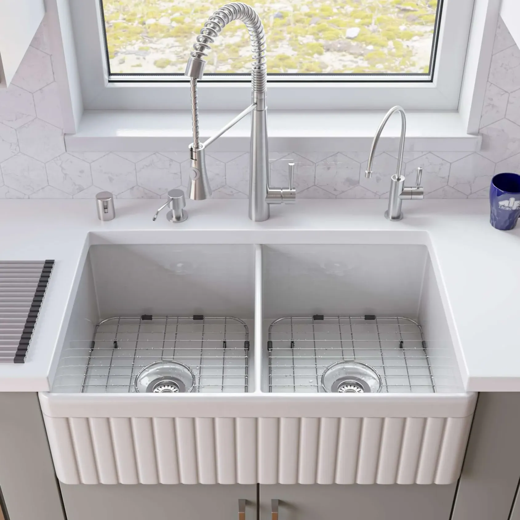 ALFI 32" Fluted Double Bowl Fireclay Farmhouse Apron Sink, White, AB537-W