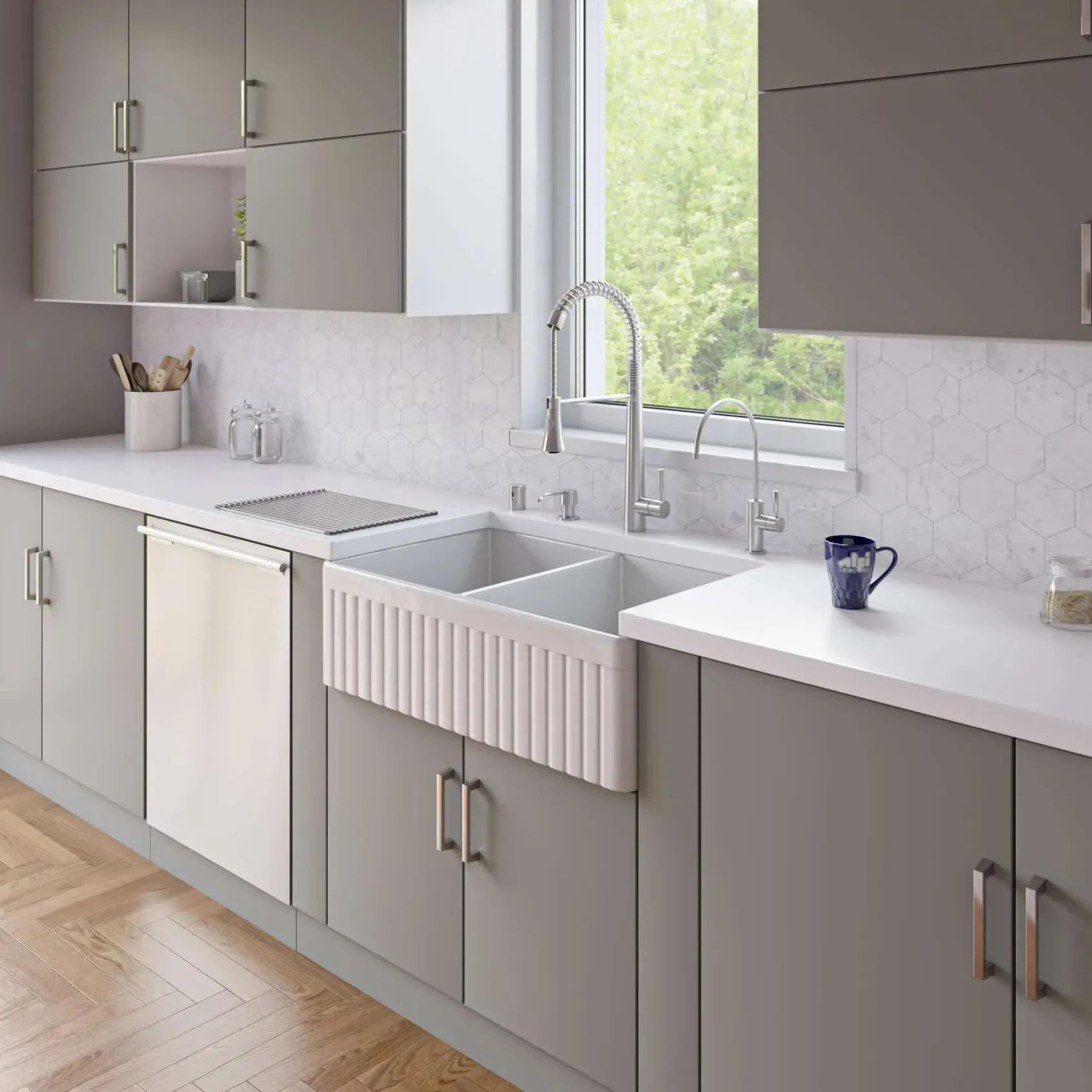 ALFI 32" Fluted Double Bowl Fireclay Farmhouse Apron Sink, White, AB537-W