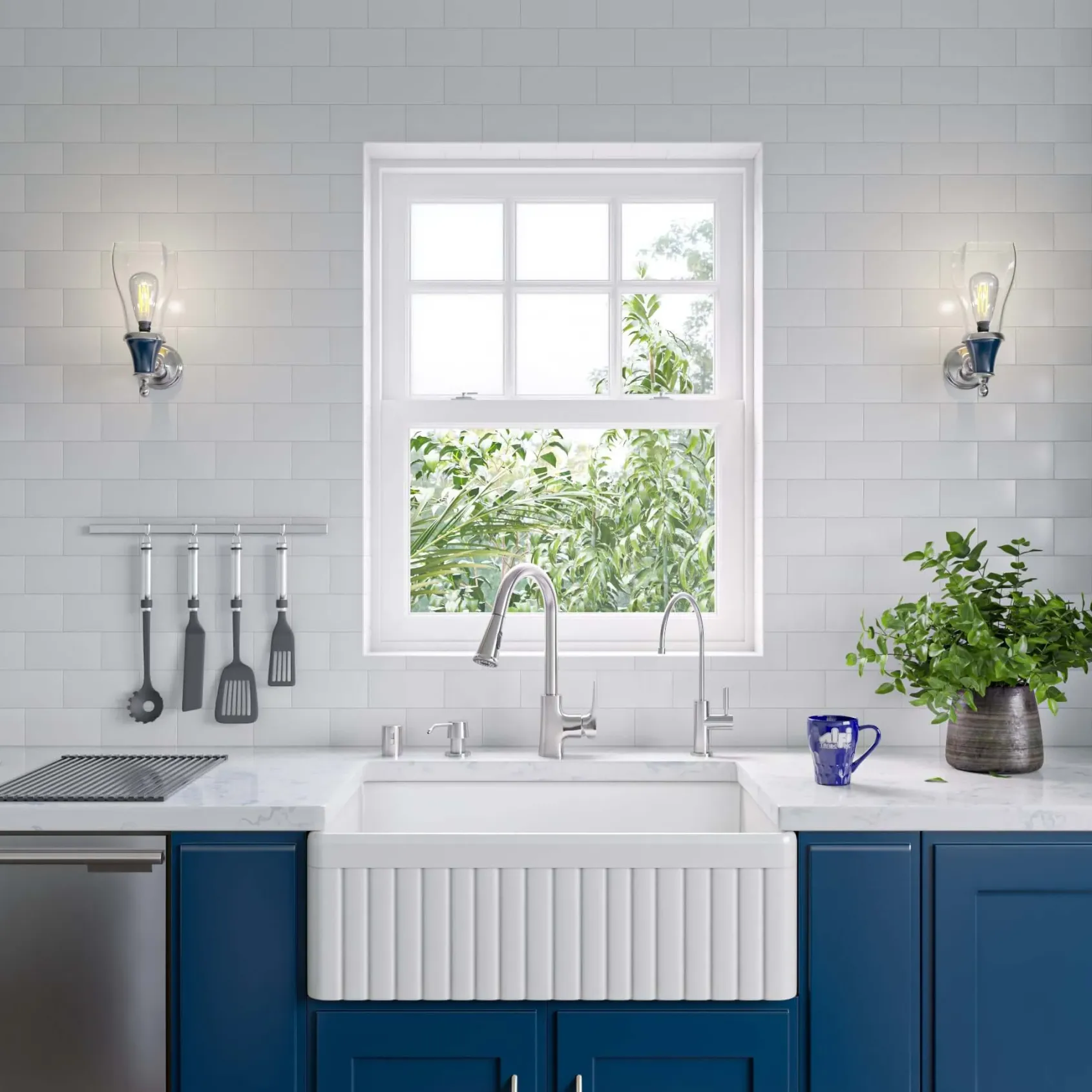 ALFI 30" Fluted Single Bowl Fireclay Farmhouse Apron Sink, White, AB509-W