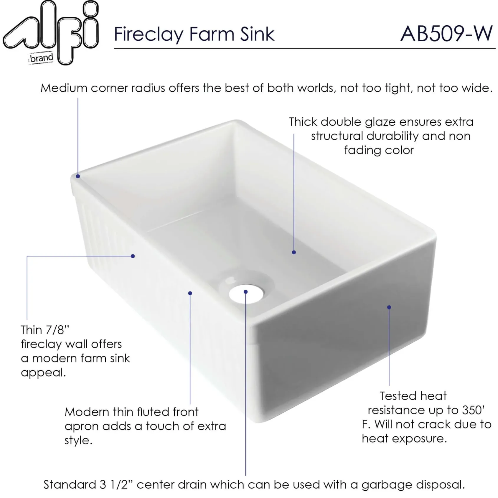ALFI 30" Fluted Single Bowl Fireclay Farmhouse Apron Sink, White, AB509-W