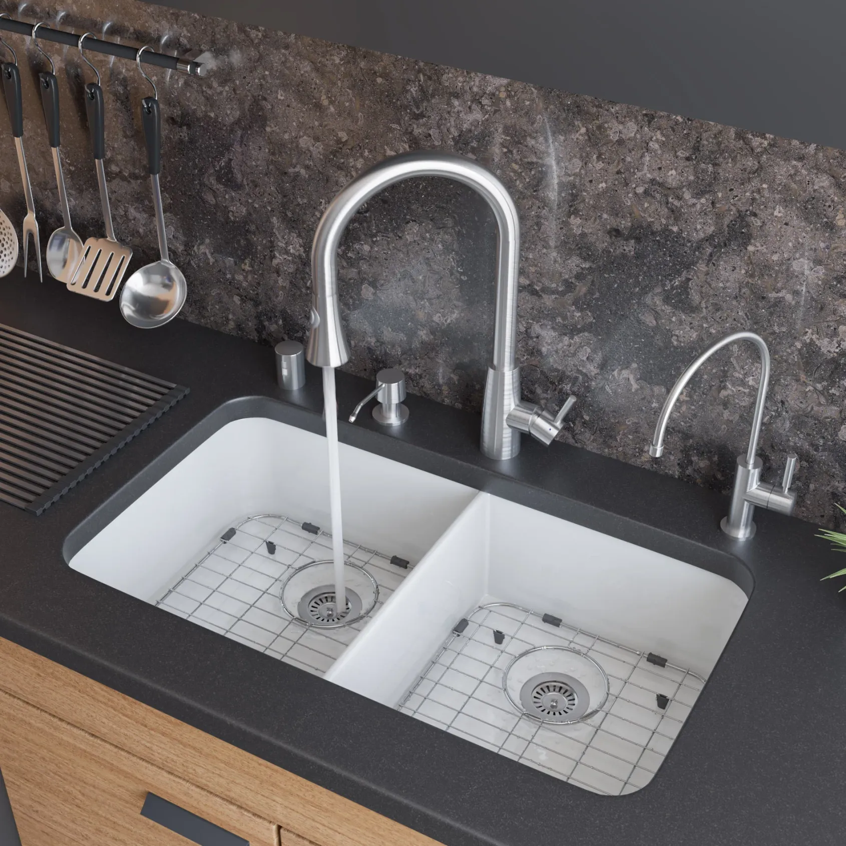 ALFI 32 inch White Double Bowl Fireclay Undermount Kitchen Sink, AB512UM-W