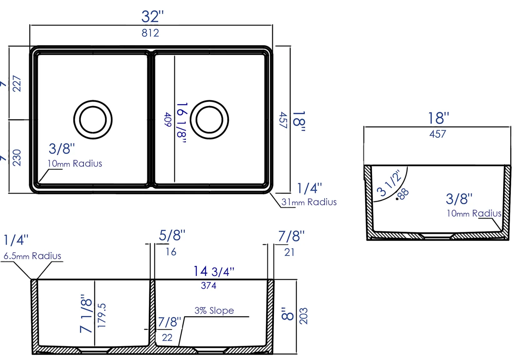 ALFI 32 inch White Double Bowl Fireclay Undermount Kitchen Sink, AB512UM-W