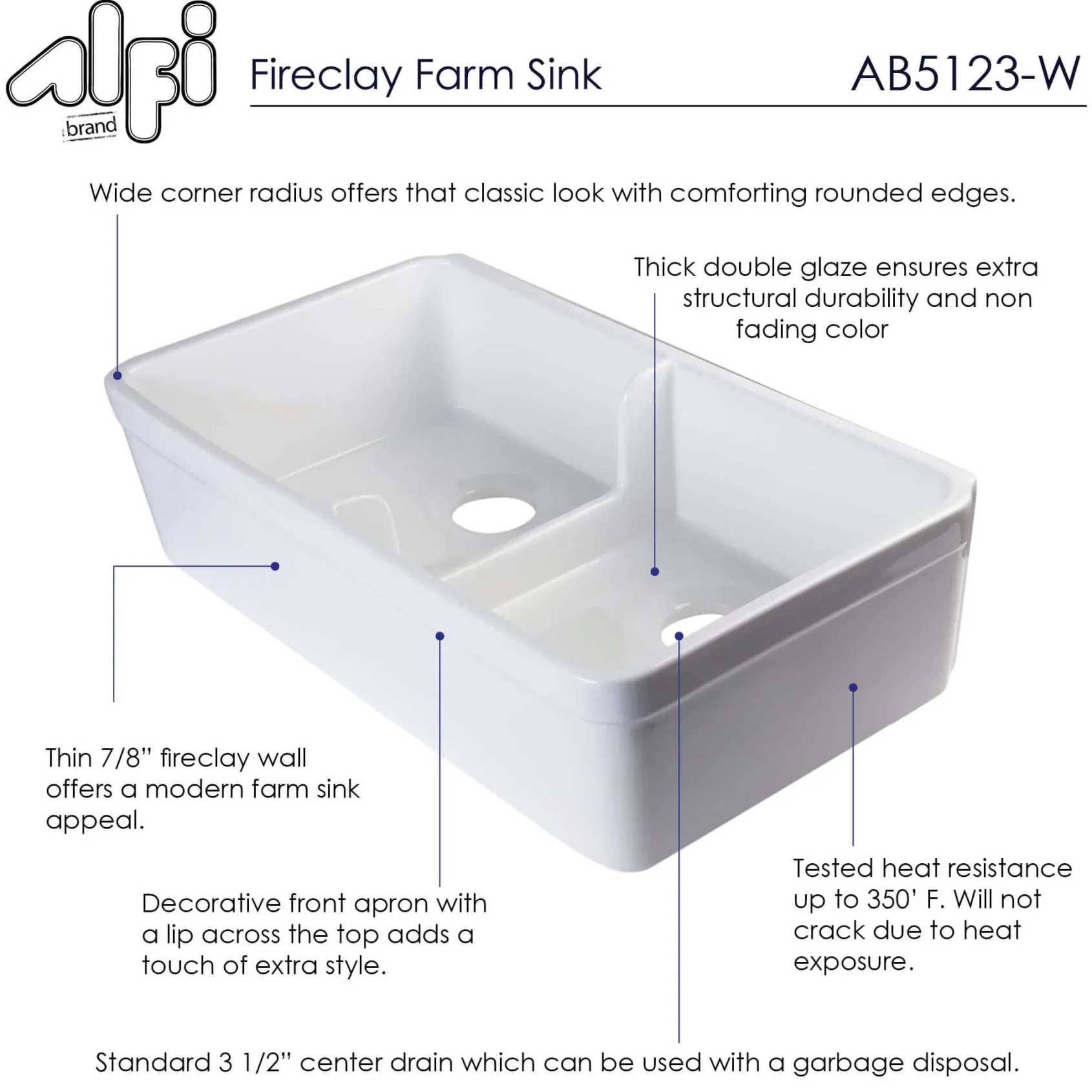 ALFI 32" Short Wall Double Bowl Fireclay Farmhouse Apron Sink, White, AB5123-W