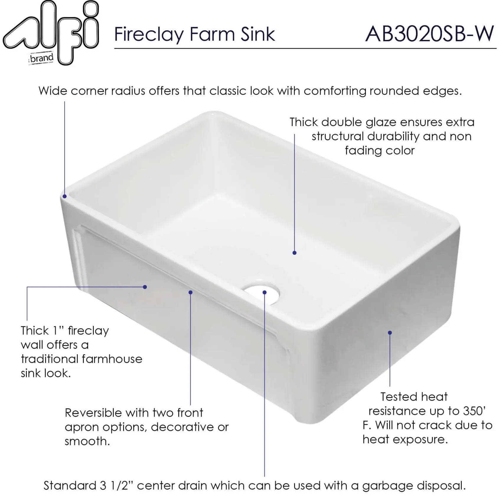 ALFI 30" Single Bowl Fireclay Farmhouse Apron Sink, White, AB3020SB-W