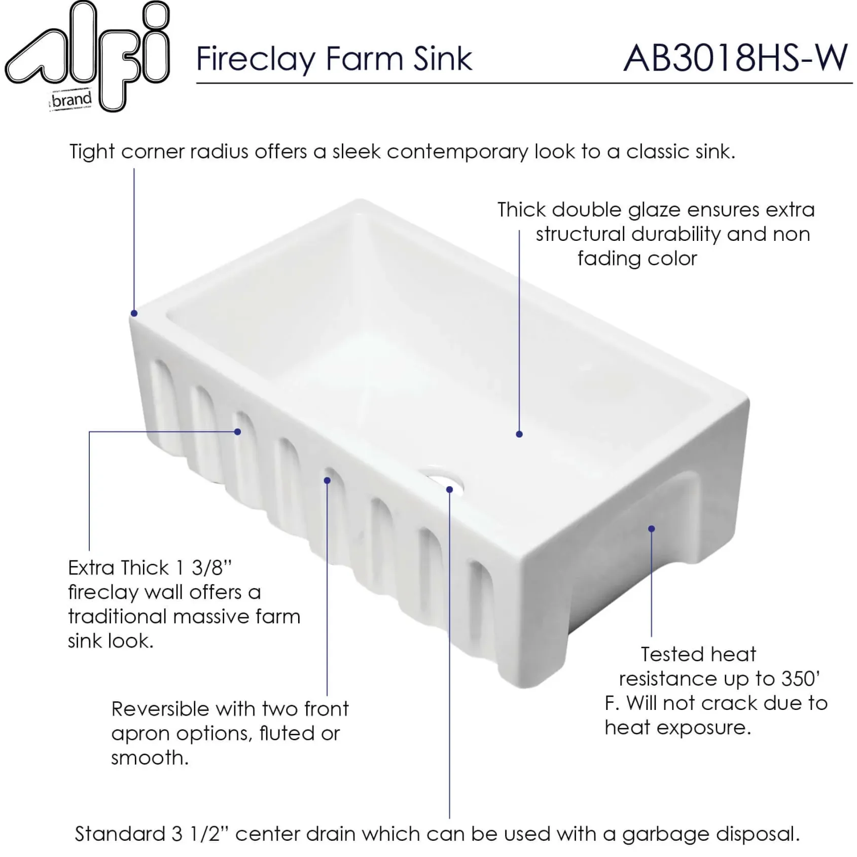 ALFI 30" Single Bowl Fireclay Farmhouse Apron Sink, White, Reversible, AB3018HS-W