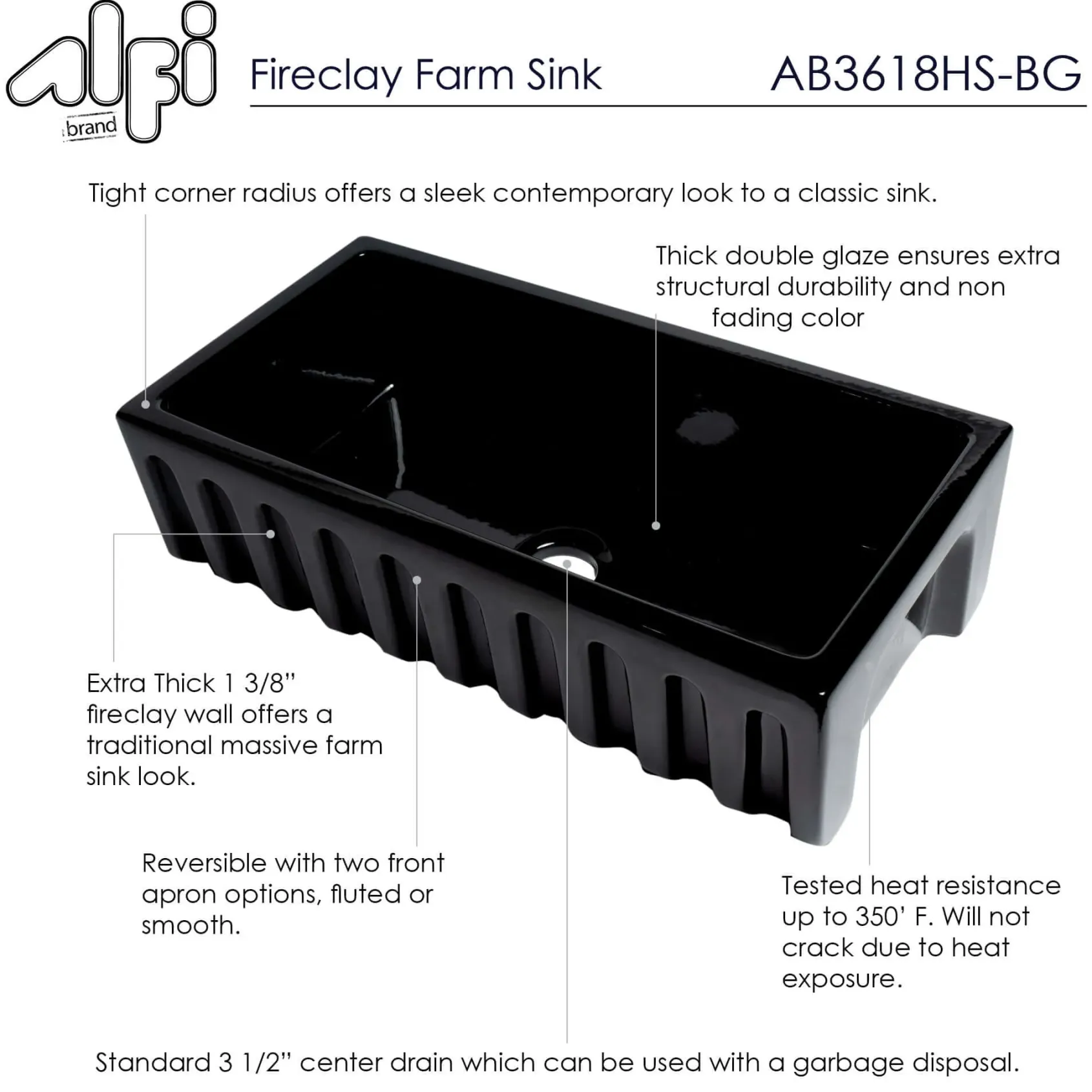 ALFI 36" Single Bowl Fireclay Farmhouse Kitchen Sink, Black Gloss, Reversible, AB3618HS-BG