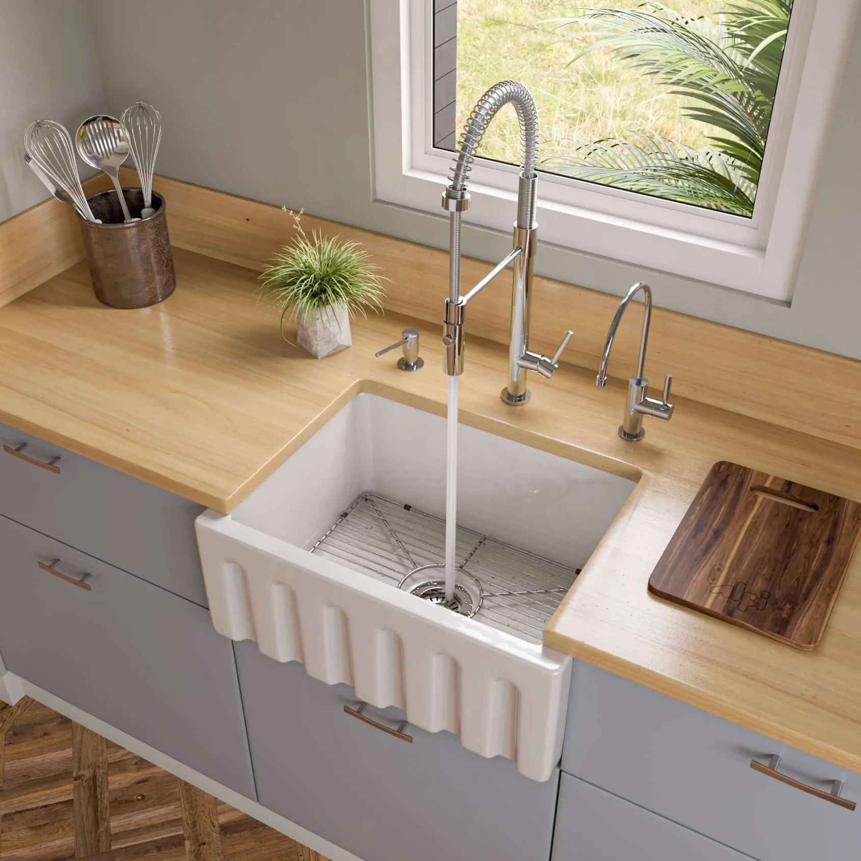 ALFI 24" Single Bowl Fireclay Farmhouse Apron Sink, White, Reversible, AB2418HS-W