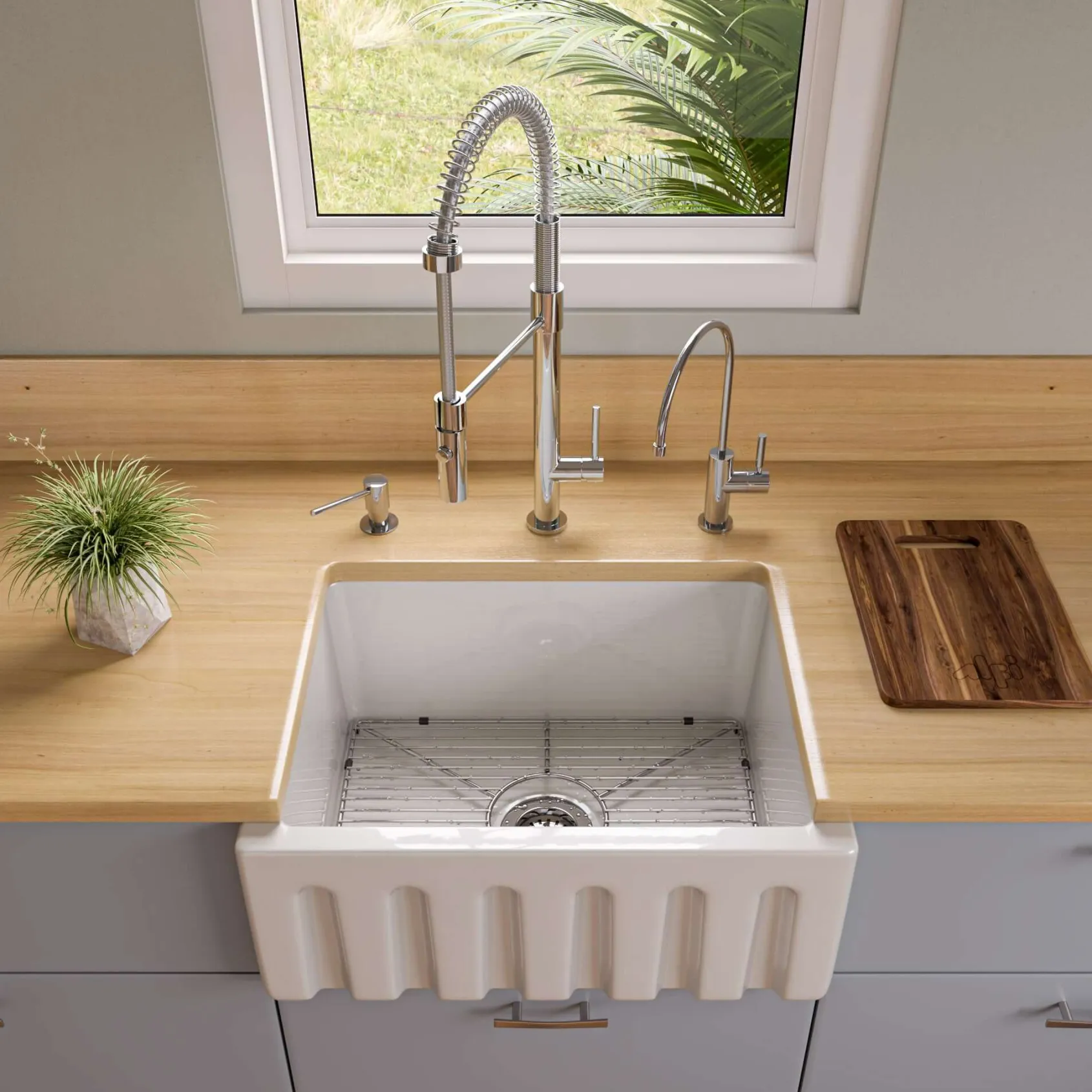ALFI 24" Single Bowl Fireclay Farmhouse Apron Sink, White, Reversible, AB2418HS-W