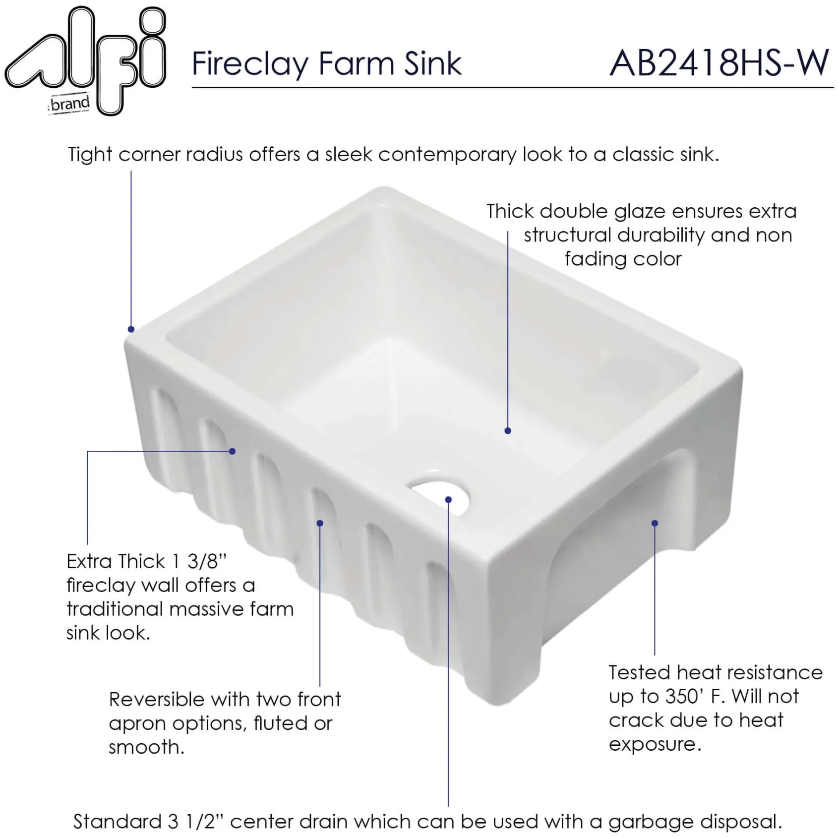 ALFI 24" Single Bowl Fireclay Farmhouse Apron Sink, White, Reversible, AB2418HS-W