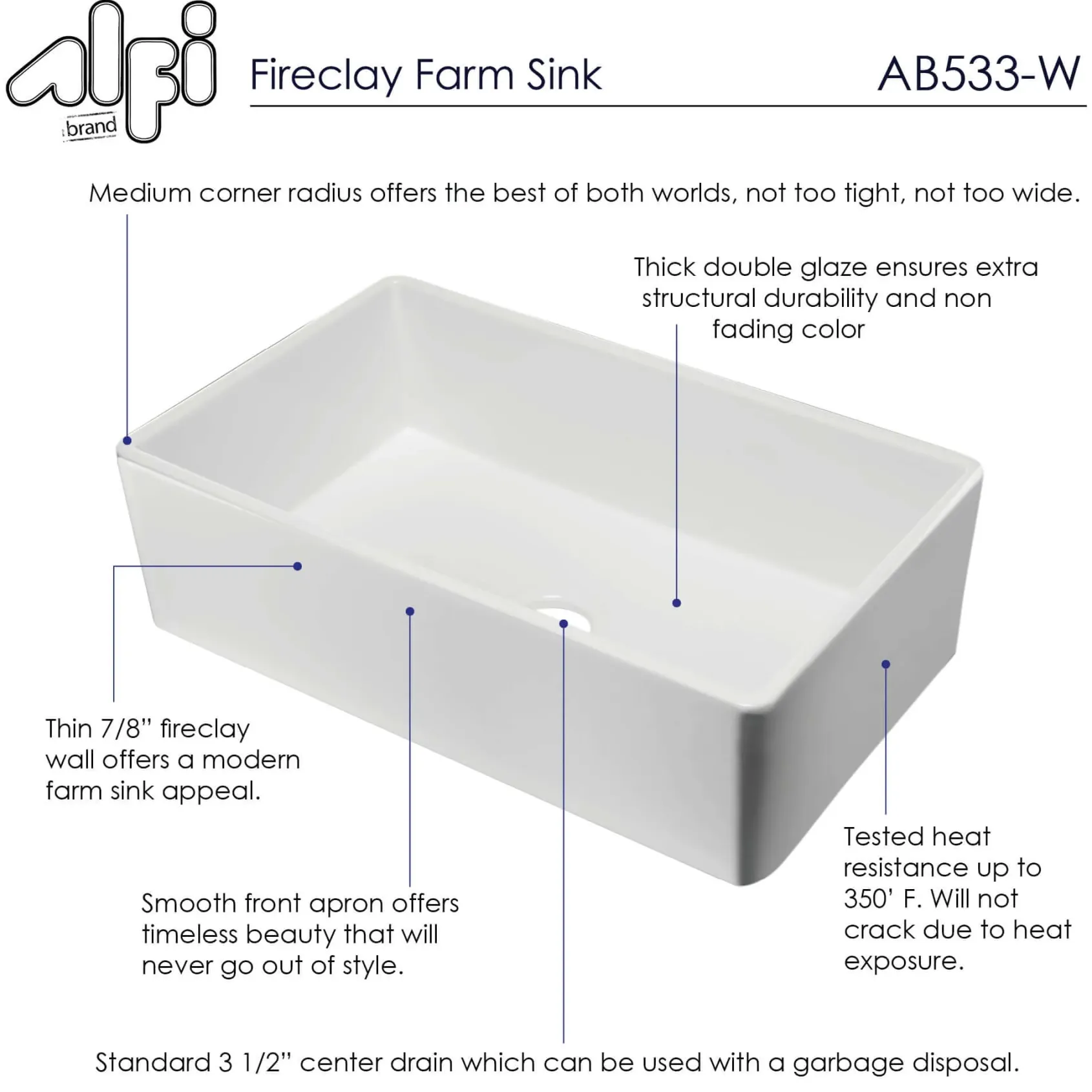 ALFI 33" Single Bowl Fireclay Farmhouse Apron Sink, White, AB533-W