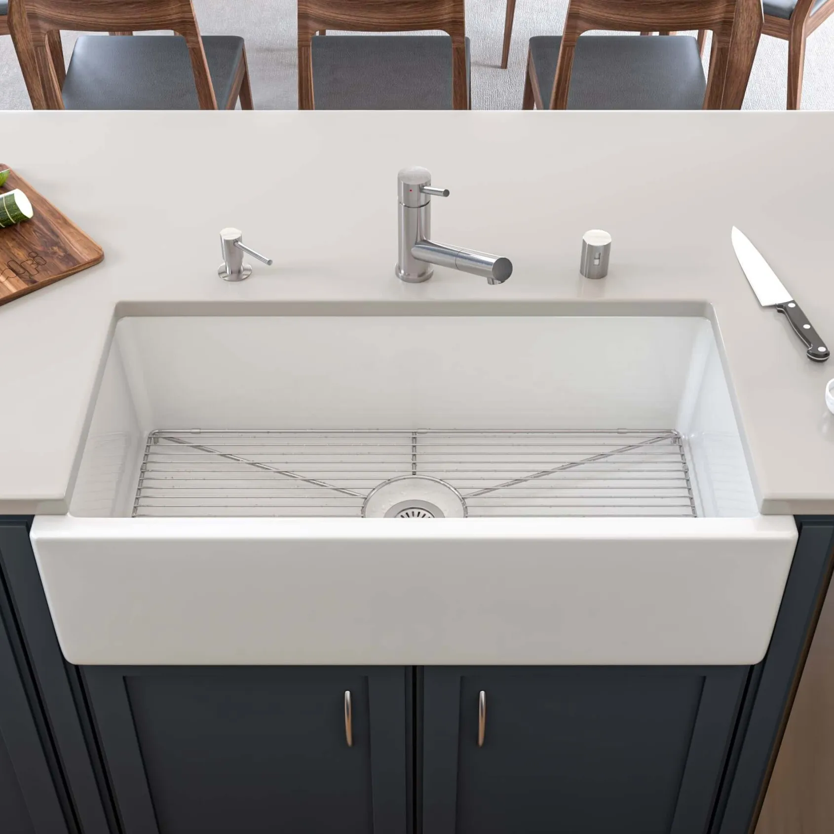 ALFI 36" Single Bowl Fireclay Farmhouse Kitchen Sink, White, Reversible, AB3618HS-W