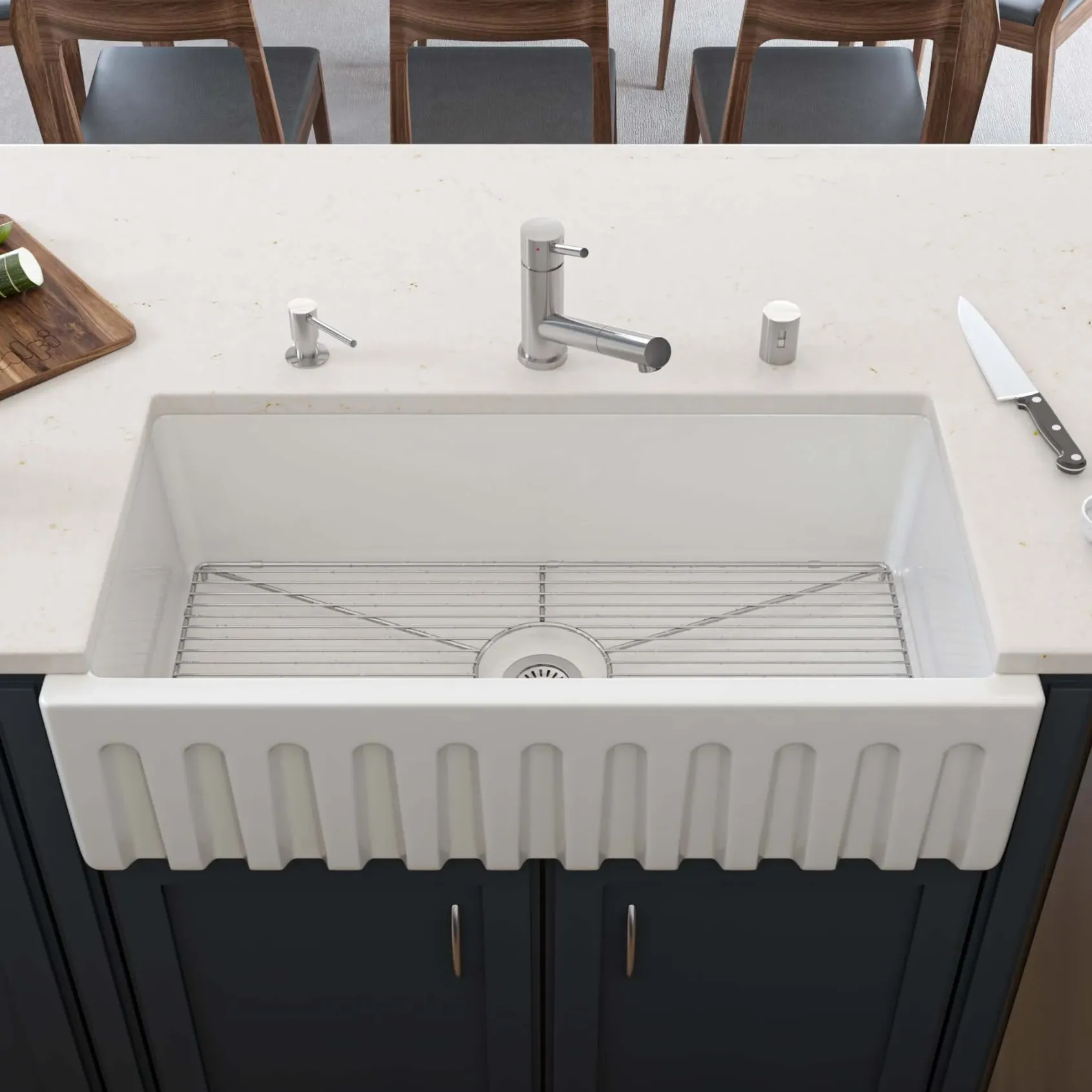 ALFI 36" Single Bowl Fireclay Farmhouse Kitchen Sink, White, Reversible, AB3618HS-W