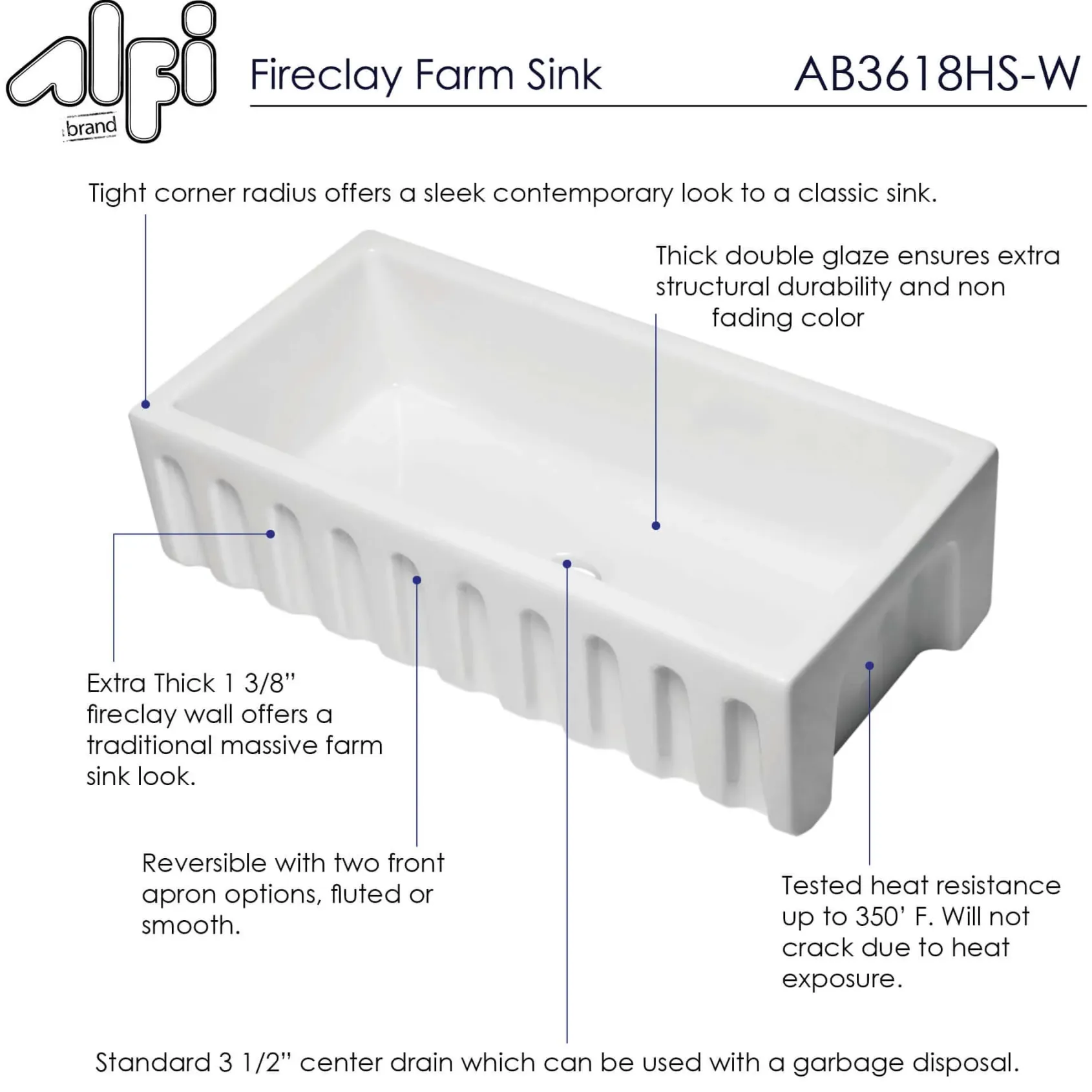ALFI 36" Single Bowl Fireclay Farmhouse Kitchen Sink, White, Reversible, AB3618HS-W