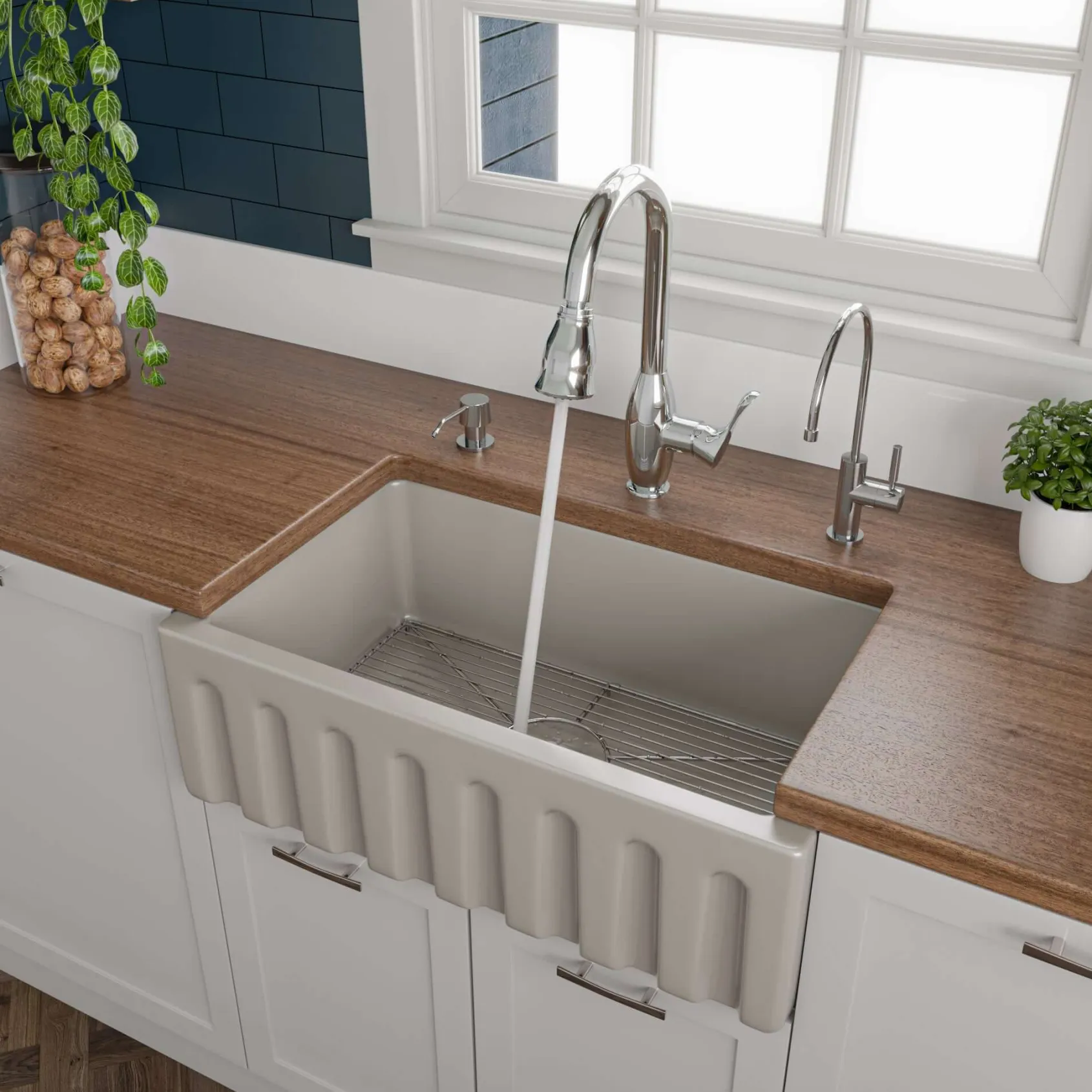 ALFI 30" Single Bowl Fireclay Farmhouse Apron Sink, Biscuit, Reversible, AB3018HS-B
