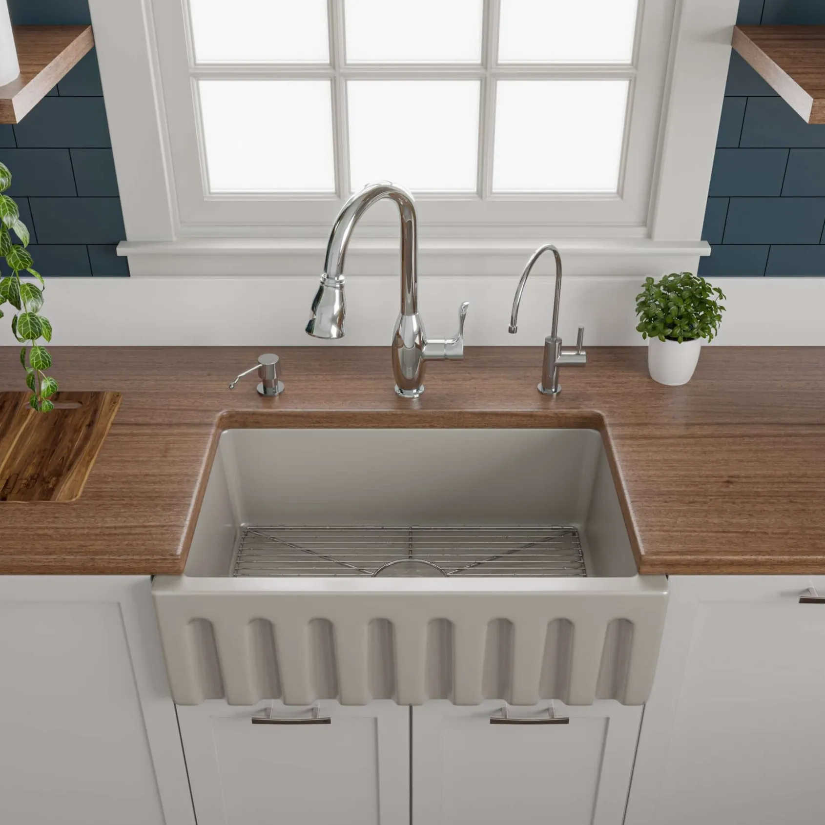 ALFI 30" Single Bowl Fireclay Farmhouse Apron Sink, Biscuit, Reversible, AB3018HS-B