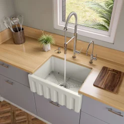 ALFI 24" Single Bowl Fireclay Farmhouse Apron Sink, Biscuit, Reversible, AB2418HS-B