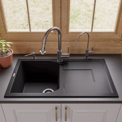 ALFI 34" Single Bowl Granite Composite Kitchen Sink with Drainboard, Black, AB1620DI-BLA