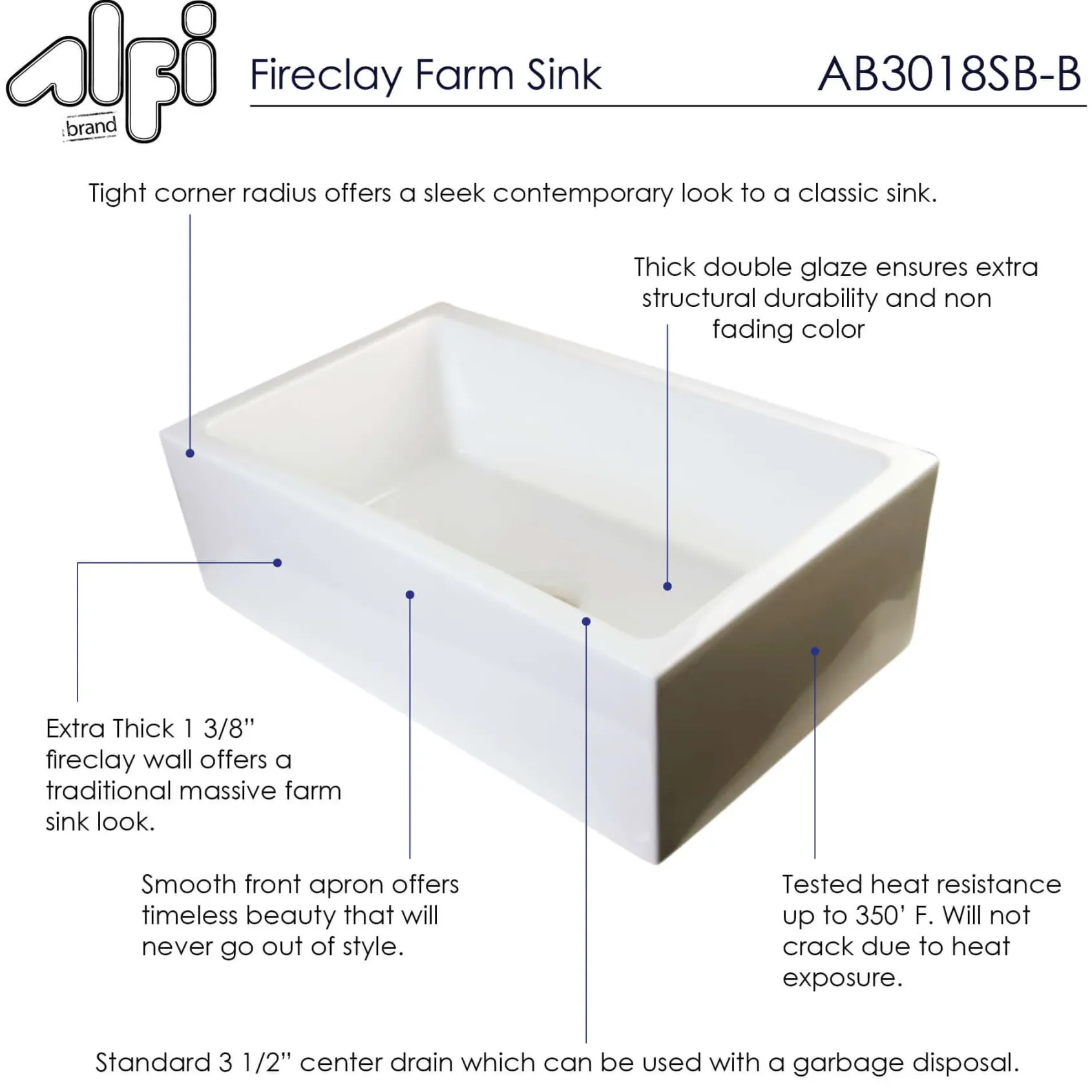 ALFI 30" Single Bowl Thick Wall Fireclay Farmhouse Apron Sink, Biscuit, AB3018SB-B